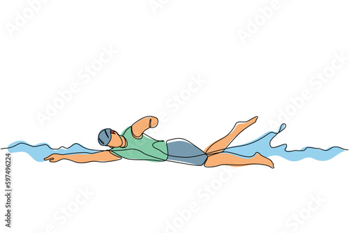 Single continuous line drawing young male athlete with disabilities playing in swimming at tournament games. Disabled sport, success, championship. One line draw graphic design vector illustration