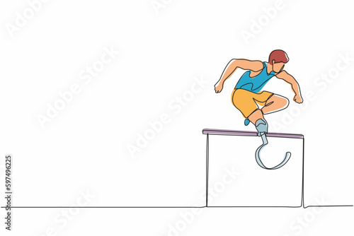 Single continuous line drawing amputated young male athlete jumping, running over hurdle. Disability games with hurdle race. Disability sport concept. One line draw graphic design vector illustration