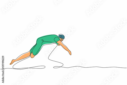 Continuous one line drawing young disabled person. Man in swimming suit jumping in water without leg. Disability sports. Active life with physical injury. Single line draw design vector illustration
