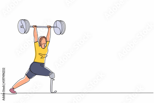Single one line drawing disability young female powerlifter lifting barbell. Disabled sportswoman workout. Professional weightlifting exercise. Continuous line draw design graphic vector illustration