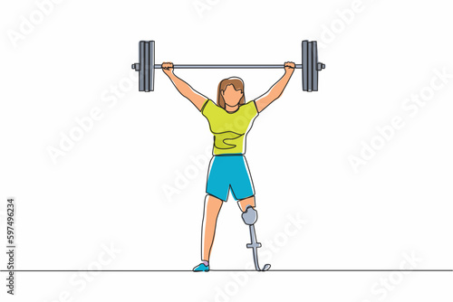 Continuous one line drawing strong disabled bodybuilder sportswoman lifting heavy weight barbell over her head. Weightlifting sport for disability. Single line draw design vector graphic illustration