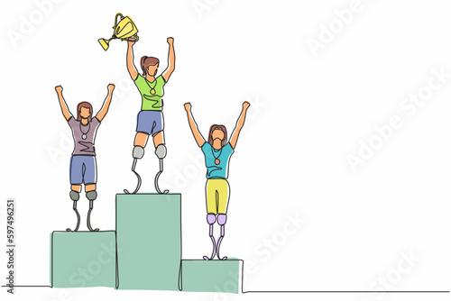 Single continuous line drawing disabled woman winning the competition while holding gold trophy at podium. Disabled people competition, championship. One line draw graphic design vector illustration