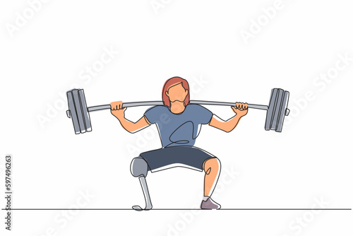 Single one line drawing disabled female weightlifter with amputated legs. Athletic weightlifting workout with barbell muscles sport strongwoman beautiful body fitness. Continuous line design vector