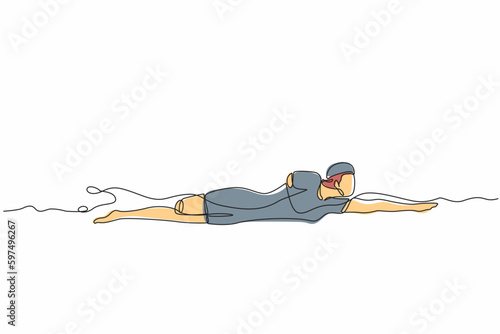 Single continuous line drawing young female athlete with disabilities playing in swimming at tournament games. Disabled sport, success, championship. One line draw graphic design vector illustration