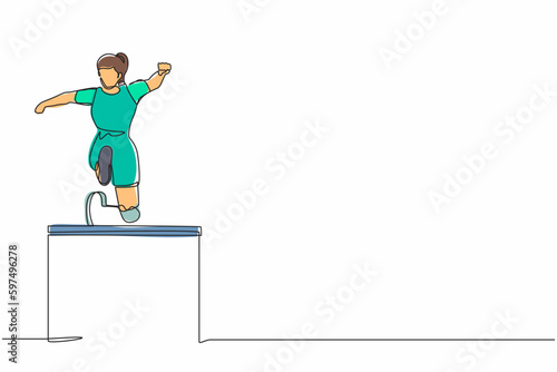 Single continuous line drawing front view amputated female athlete jumping, running over hurdle. Disability game with hurdle race. Disabled sport concept. One line graphic design vector illustration