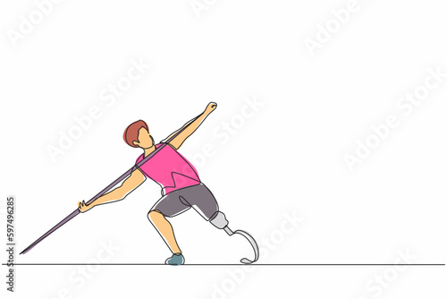 Single one line drawing disabled athlete throwing spear with prosthesis leg. Disabled sportsman with amputated foot. Disability sport, championship, games. Continuous line draw design graphic vector