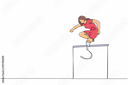 Single one line drawing amputated young female athlete jumping, running over hurdle. Disability games with hurdle race. Disabled sport concept. Continuous line draw design graphic vector illustration
