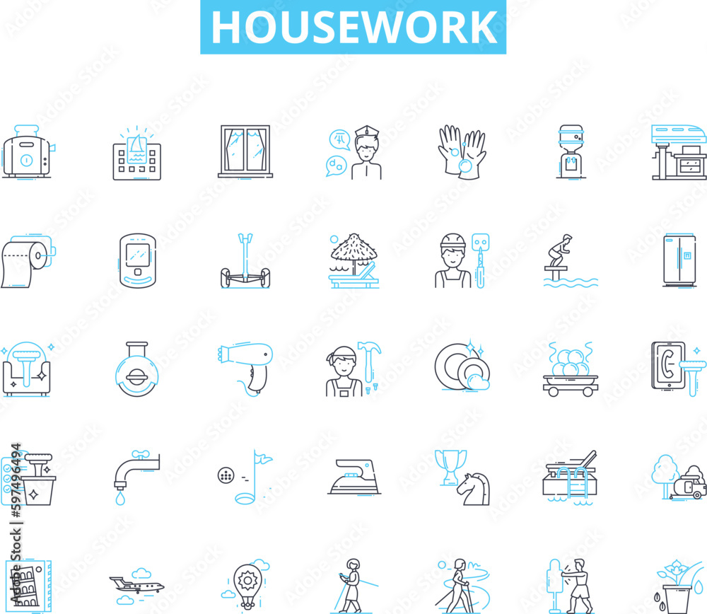 Housework linear icons set. Cleaning, Laundry, Cooking, Dishes, Mopping, Sweeping, Dusting line vector and concept signs. Vacuuming,Ironing,Scrubbing outline illustrations