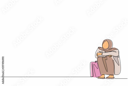 Continuous one line drawing depressed Arab businesswoman suffer emotion sadness melancholy stress with briefcase sitting in despair on floor. Worker sad gesture expression. Single line design vector