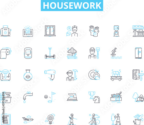 Housework linear icons set. Cleaning, Laundry, Cooking, Dishes, Mopping, Sweeping, Dusting line vector and concept signs. Vacuuming,Ironing,Scrubbing outline illustrations