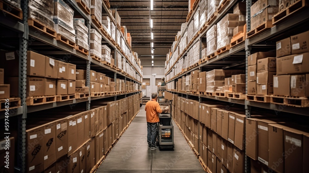 Rows of shelves with goods boxes in huge distribution warehouse at industrial storage factory. Warehouse worker among racks with boxes. Generative AI Rows of shelves with goods boxes in huge distribution warehouse at industrial storage factory. Warehouse worker among racks with boxes. Generative AI