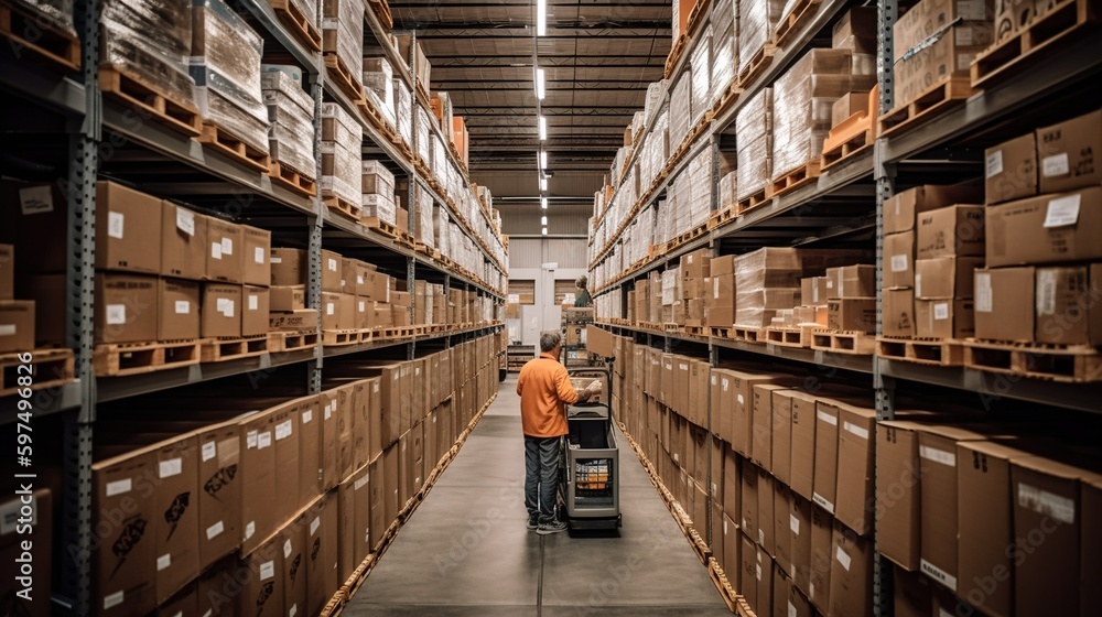 Rows of shelves with goods boxes in huge distribution warehouse at industrial storage factory. Warehouse worker among racks with boxes. Generative AI