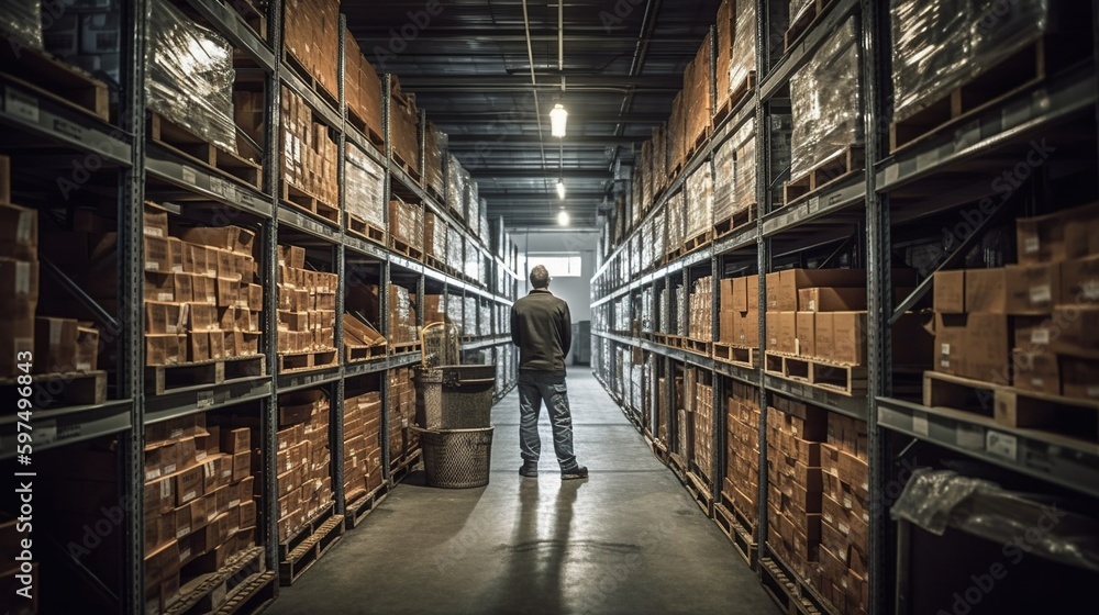 Rows of shelves with goods boxes in huge distribution warehouse at industrial storage factory. Warehouse worker among racks with boxes. Generative AI