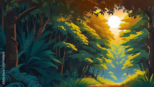 Forest background with sun in the middle of the forest. Vector illustration.