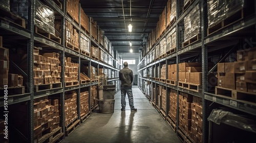 Rows of shelves with goods boxes in huge distribution warehouse at industrial storage factory. Warehouse worker among racks with boxes. Generative AI