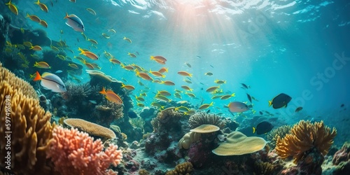 An underwater shot of a school of fish swimming near a coral reef, displayed against a vibrant, colorful background, concept of Biodiversity, created with Generative AI technology