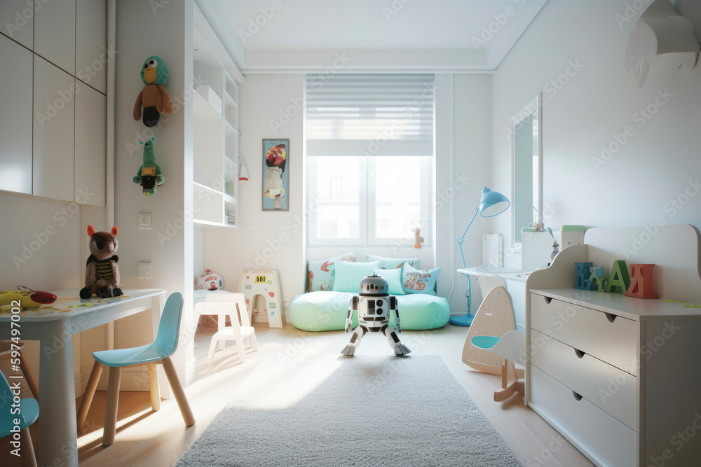 Modern apartment kids room design in neutral minimalist color scheme, and sleek Scandinavian furniture that maintains the room's clean lines and functional design. Generative AI Modern apartment kids room design in neutral minimalist color scheme, and sleek Scandinavian furniture that maintains the room's clean lines and functional design. Generative AI