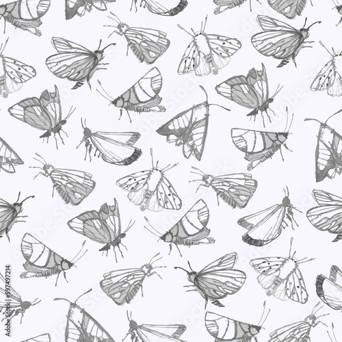 Seamless pattern with fantasy moths  butterflies in pencil drawing sketch. Happy summer illustration. Wallpaper  textile  backgound for kids
