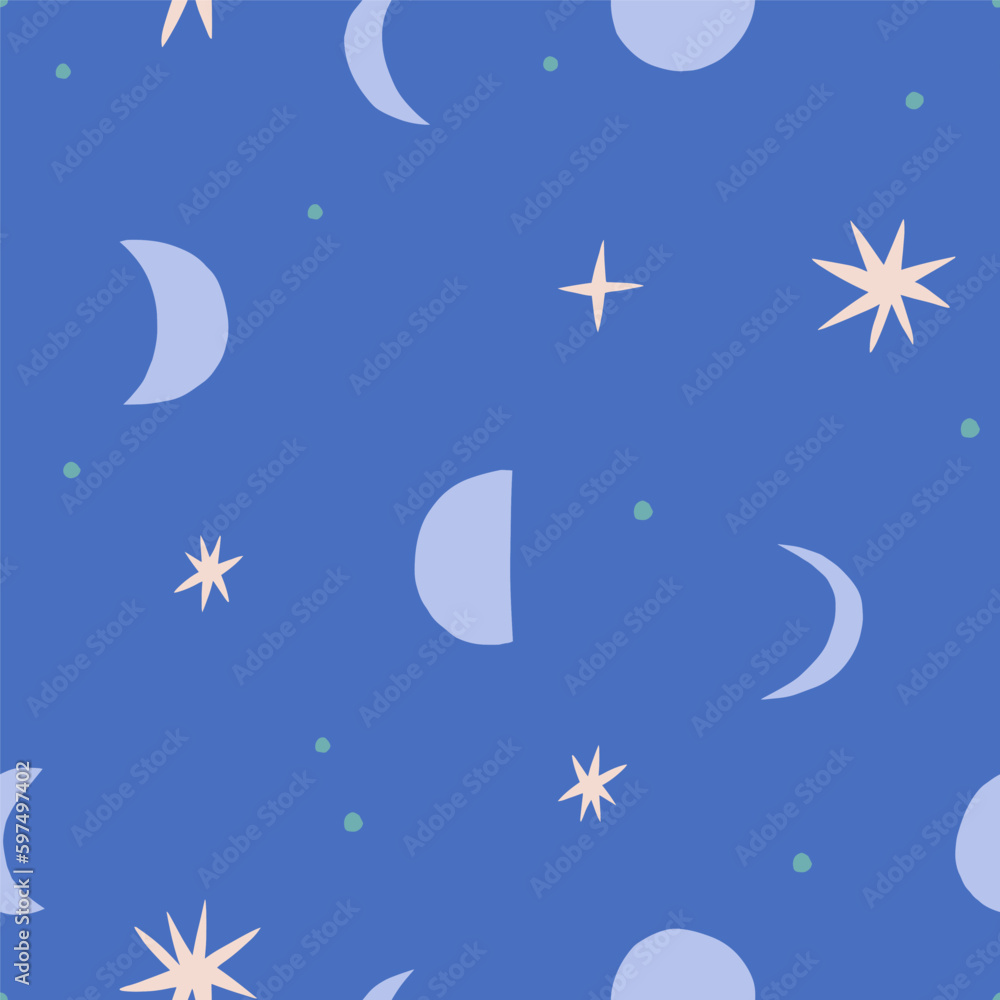 Naklejka premium Moon and Stars seamless pattern. Vector celestial texture with different Moons and shiny Stars. Abstract Lunar background