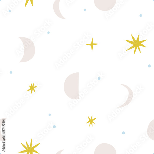 Moon and Stars seamless pattern. Vector celestial texture with different Moons and shiny Stars. Abstract Lunar background © iliveinoctober