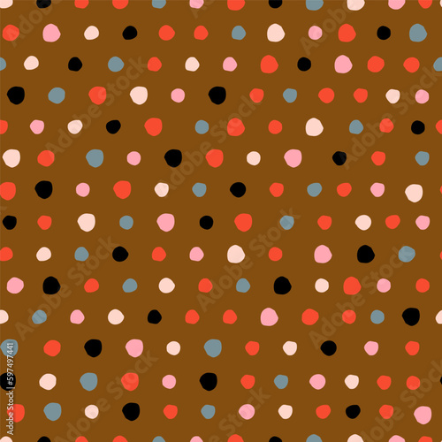 Simple and colourful Polka Dot seamless pattern. Vector dotted texture. Hand drawn different polka dots background in retro style