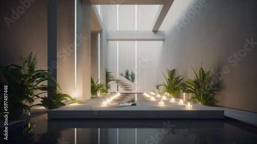 modern japanese architecture with concrete elements and tropical plants  futuristic building with greenery and candle lights  fictional architecture created with generative ai