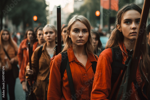 armed demonstrating protesting youths teenagers girls and boys on the street and blocking the street, violent and violent, wearing safety vests. Generative AI