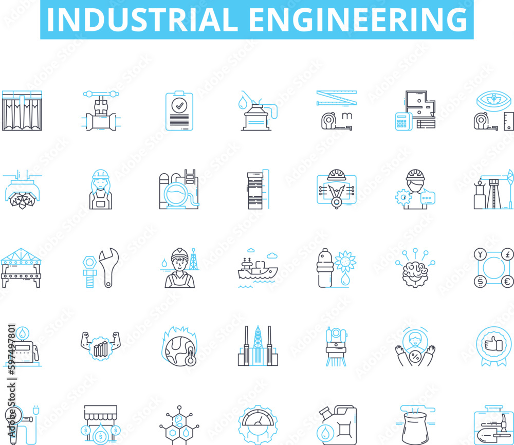 Industrial engineering linear icons set. Manufacturing, Optimization, Automation, Logistics, Quality, Design, Material line vector and concept signs. Production,Ergonomics,Supply outline illustrations
