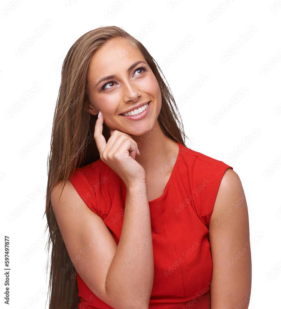 Fototapeta premium Isolated woman, thinking and smile with ideas, decision and happiness by transparent png background. Girl, model and think with red clothes, happy and excited face for vision, future or brainstorming