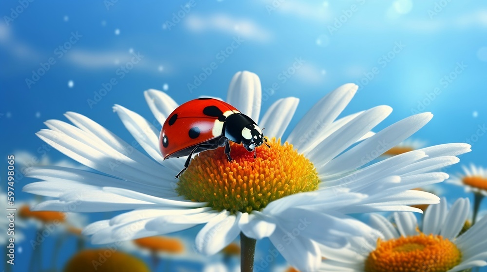 Daisy Visitor: Ladybug Adds a Touch of Summer. Ai generative Daisy Visitor: Ladybug Adds a Touch of Summer. Ai generative