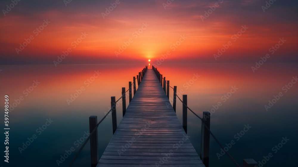 Obraz premium Tranquil Lakeside Sunrise: Pier and Vibrant Hues. Ai generative