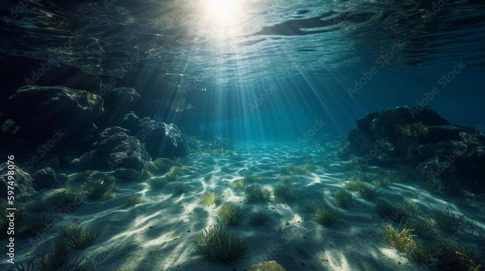underwater scene with rays of light. Ai generative