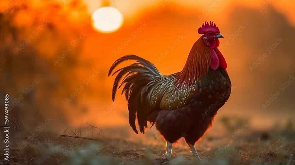 rooster on the farm in the morning. Ai generative - obrazy, fototapety, plakaty 