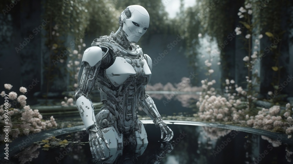 Fototapeta premium Futuristic robot surrounded by nature. Ai generative