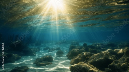 Marine Majesty: Sunlight Piercing the Underwater Realm. Ai generative © Andrii