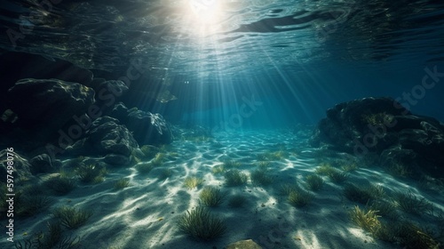underwater scene with rays of light. Ai generative