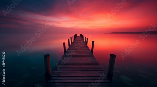Dusk's Warm Embrace: Pier with Red Hues. Ai generative