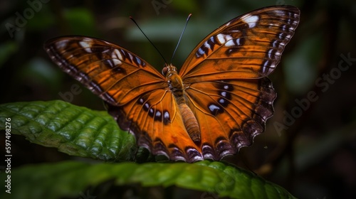 Bright shades in the wings of a butterfly on the background of dry leaves. AI generated