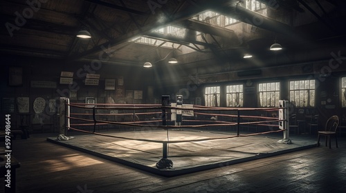 Empty boxing ring. An old vintage boxing ring surrounded by ropes spotlit in the middle on an isolated dark background. Generative AI