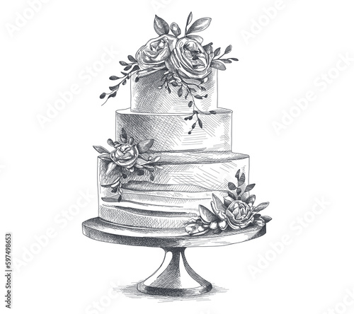 Large tiered elegant wedding cake on stand with flowers. Sketch illustration. Line art.