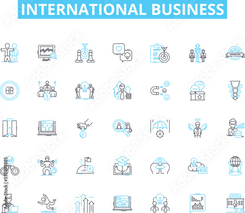 International business linear icons set. Globalization, Exporting, Importing, Multinational, Outsourcing, Trade, Cross-cultural line vector and concept signs. Communications,Relocation,Negotiations