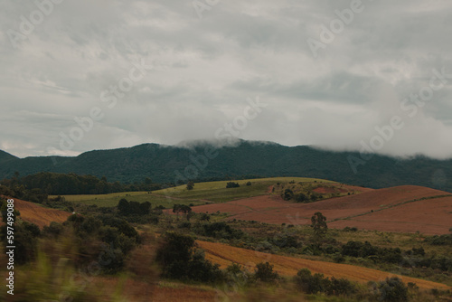 landscape of the mountains in the middle of the foggy