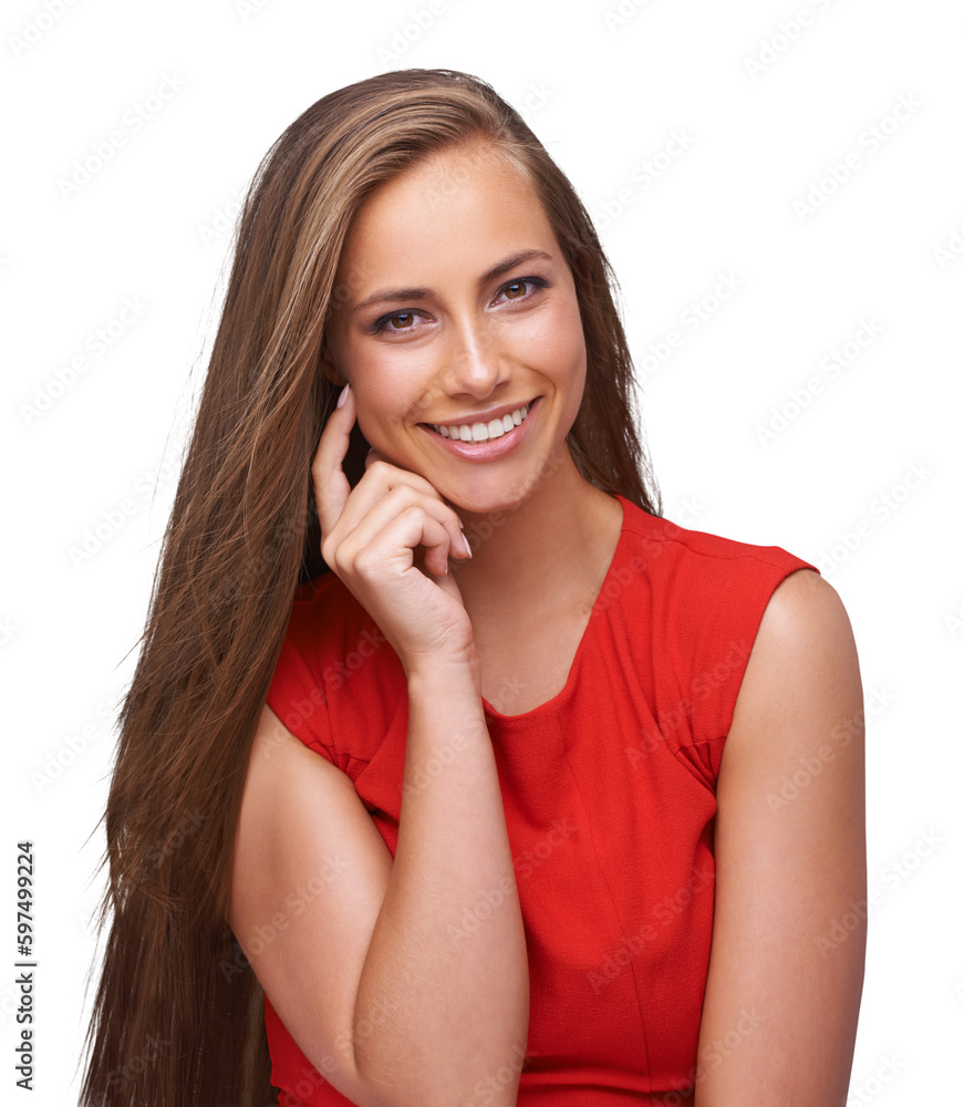 Isolated woman, thinking and happy in portrait with ideas, decision and transparent png background. Girl, model and think with red clothes, smile and excited face for vision, future or brainstorming Isolated woman, thinking and happy in portrait with ideas, decision and transparent png background. Girl, model and think with red clothes, smile and excited face for vision, future or brainstorming