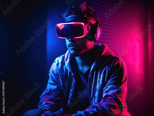 Mann beim VR Spiel mit Neonlicht Brille  generative AI.