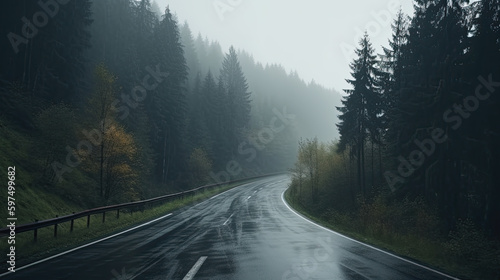 a wet road in the mountains in autumn. Generative AI