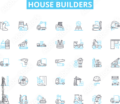 House builders linear icons set. Construction, Architecture, Renovation, Planning, Design, Materials, Blueprint line vector and concept signs. Engineer,Development,Structure outline illustrations