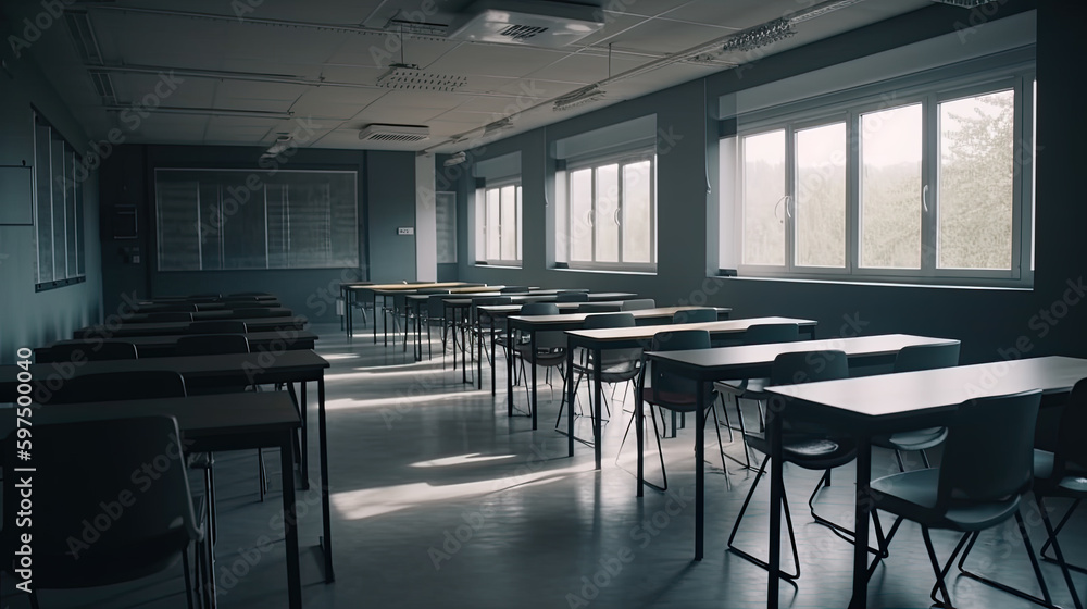 an empty school classroom or university with chairs and tables. Generative AI an empty school classroom or university with chairs and tables. Generative AI