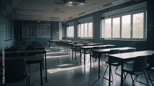 an empty school classroom or university with chairs and tables. Generative AI