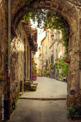 Fototapeta Naklejka Na Ścianę i Meble -  Narrow street in Marta town, Tuscany, Italy