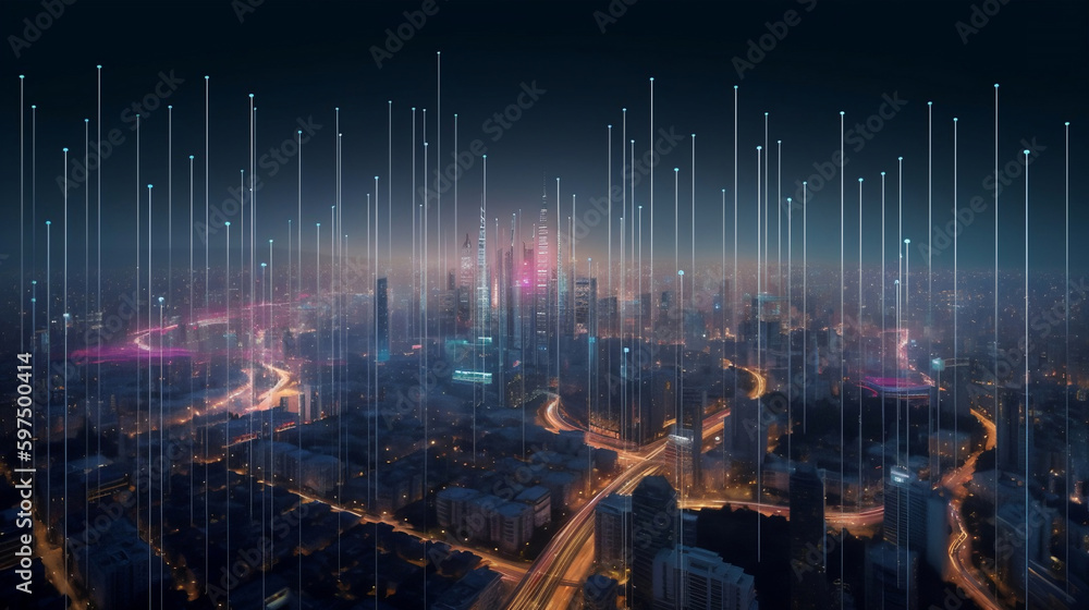 Abstract Smart City Network with Gradient Line and Data Connection Technology. created with Generative AI